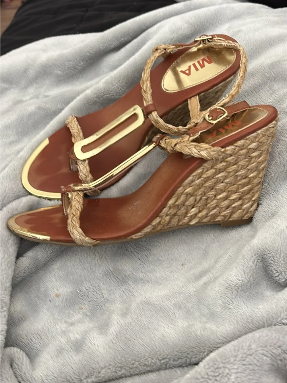 MIA Brown Braided Rope Wedge Sandals with Gold Accents
